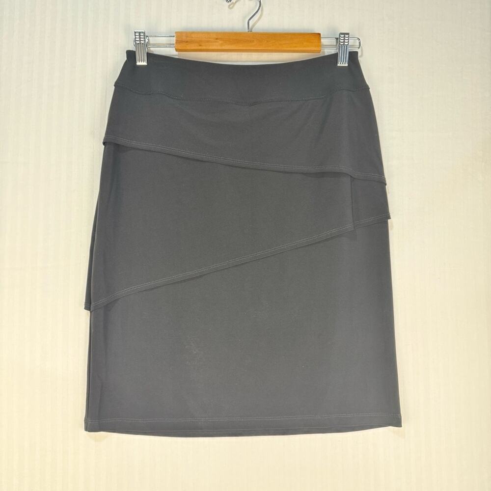 Joseph Ribkoff Asymmetrical Tiered Solid Black Knee Skirt Size 10 Elastic Waist